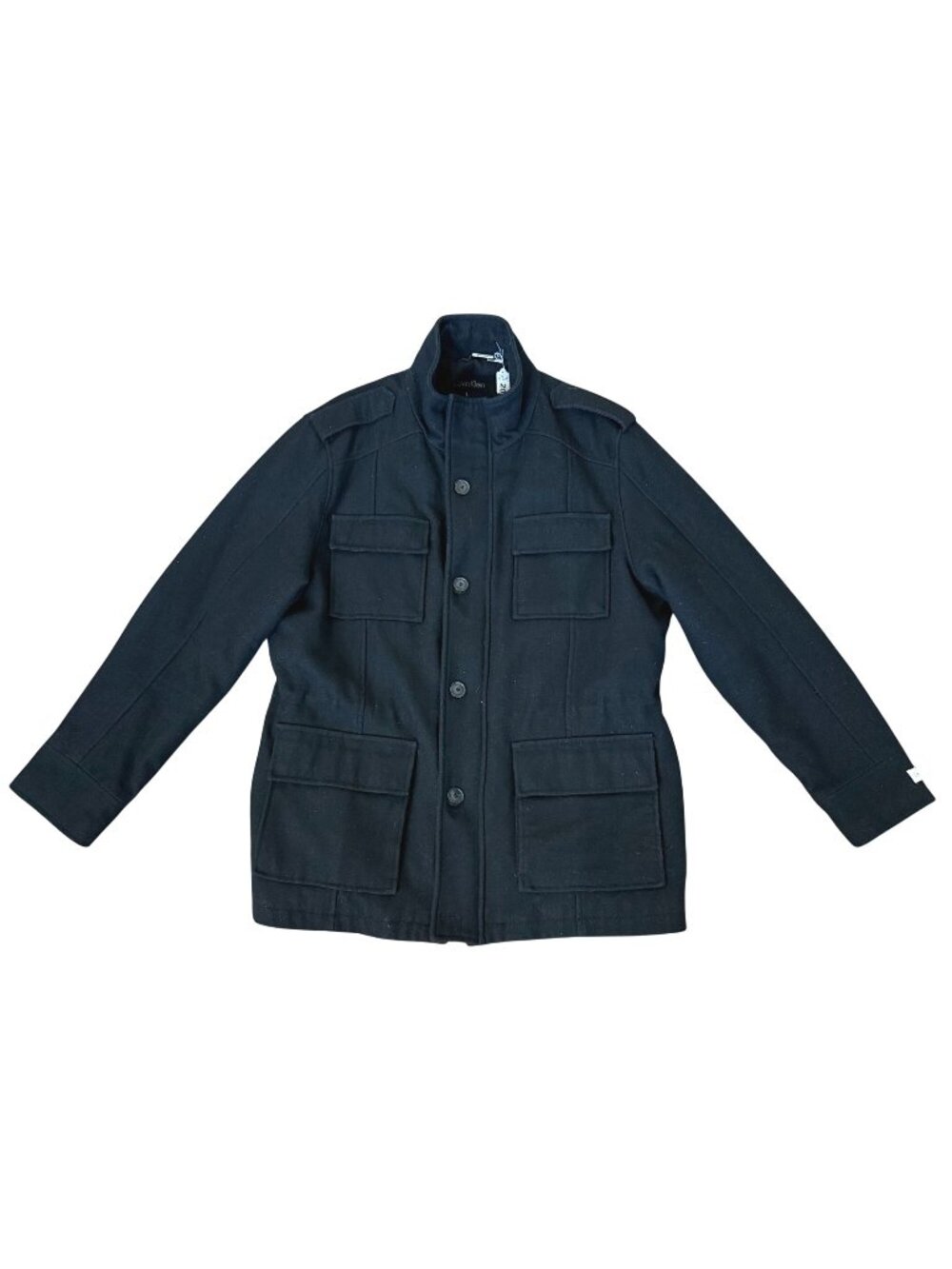 Calvin Klein Field Coat Men's Black Lg Wool Blend Zip Button 4 Pockets Solid